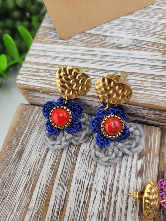 Handmade Bohemian-style Crochet Flower Earrings with a mixed colored stone center, attached to hammered 18k gold plated metal earring top