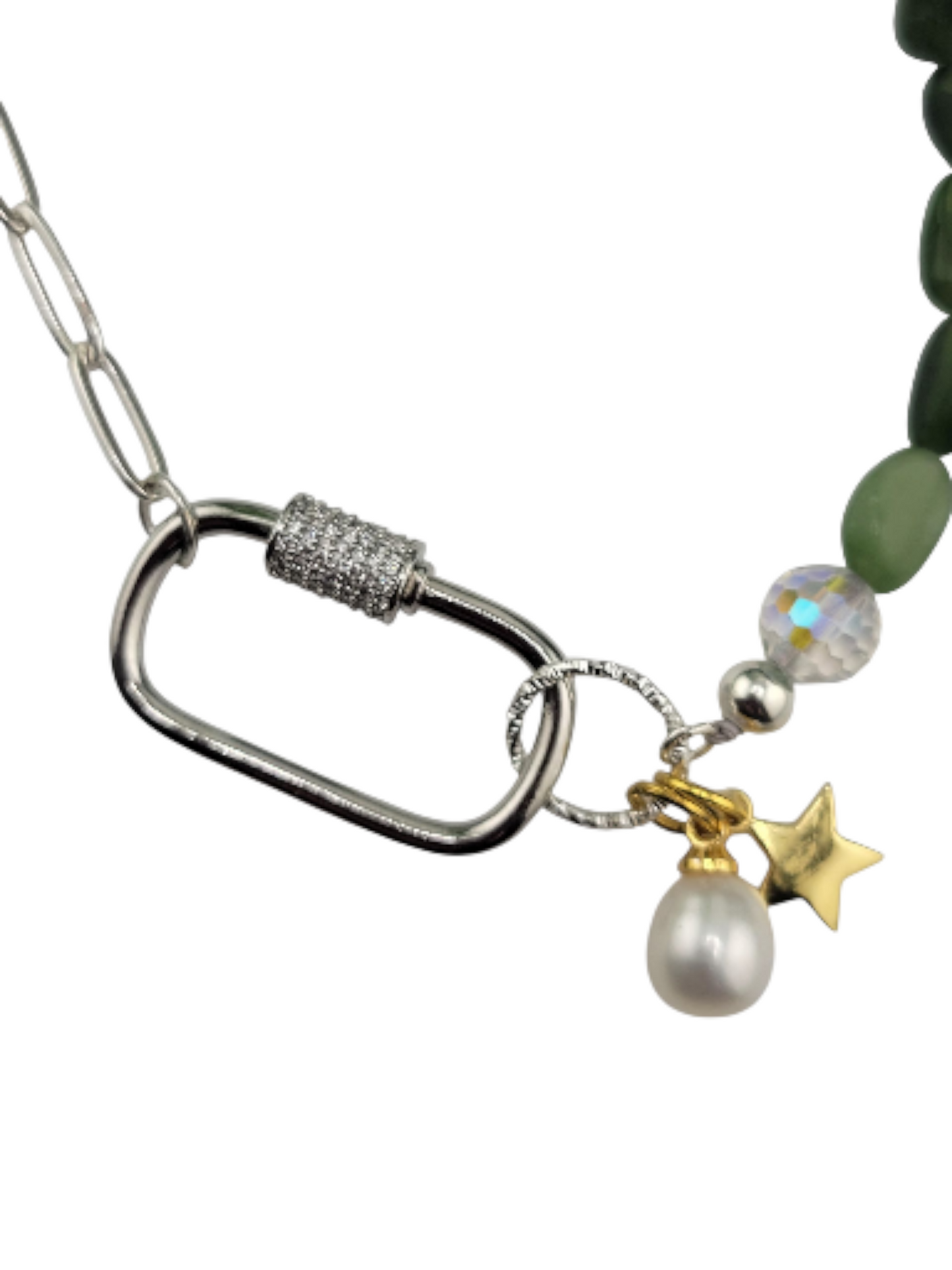 Half 18k Gold Plated Brass or Stainless Steel Silver Paperclip Chain Half Gemstone Necklace with Carabiner Clasp including two 18k gold plated brass Charms of your choice
