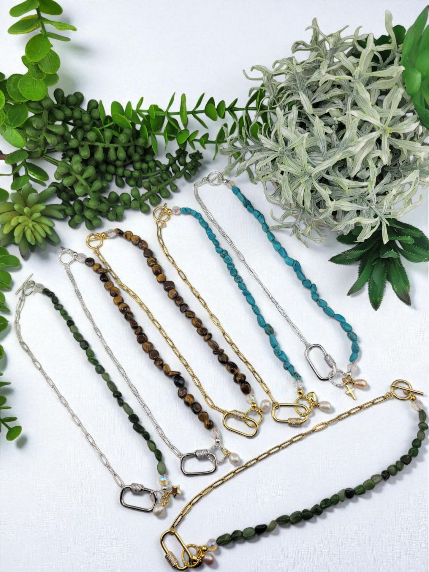 Half 18k Gold Plated Brass or Stainless Steel Silver Paperclip Chain Half Gemstone Necklace with Carabiner Clasp including two 18k gold plated brass Charms of your choice