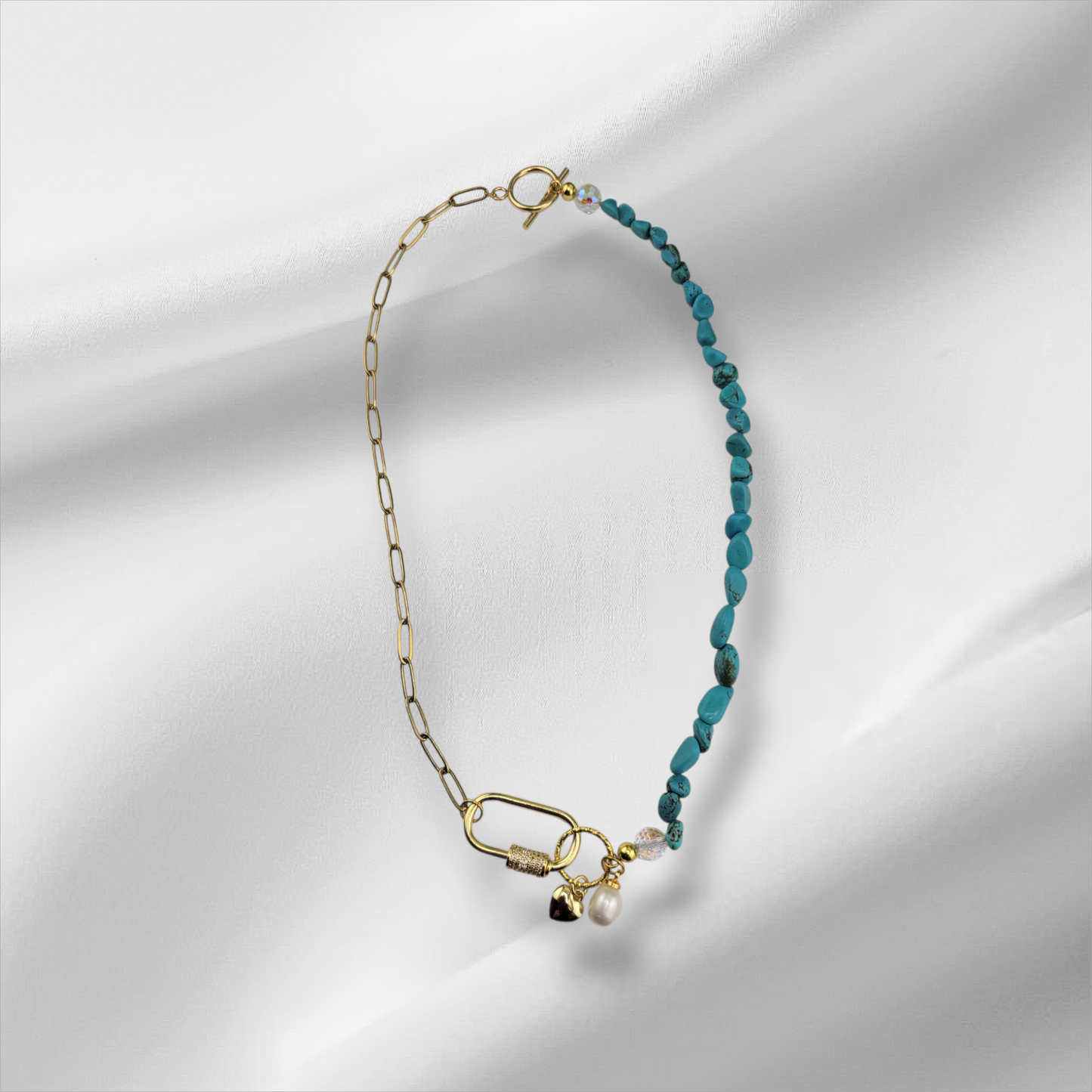 Half 18k Gold Plated Brass or Stainless Steel Silver Paperclip Chain Half Gemstone Necklace with Carabiner Clasp including two 18k gold plated brass Charms of your choice