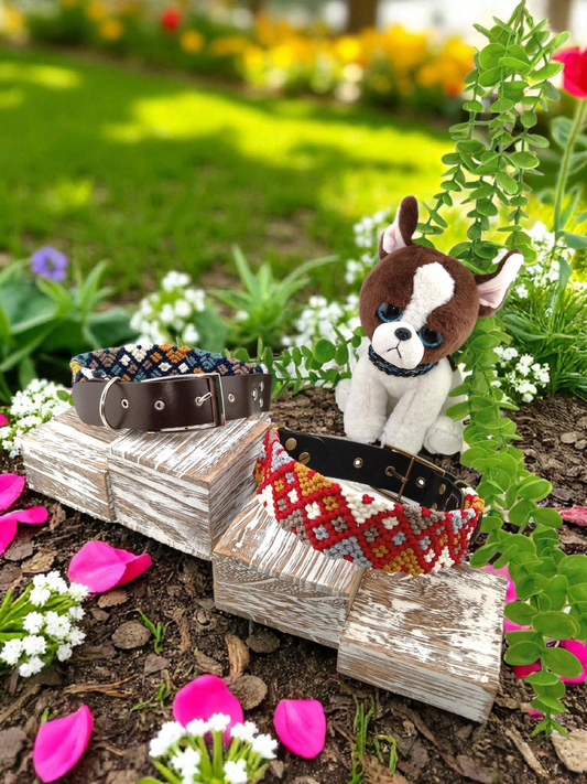 Designer Dog Collar, Unique Woven Dog Collar with Eco Leather, Argyle Design,  Adjustable XL 19" to 21" (48-53cm) neck size, Wide variety of colors available