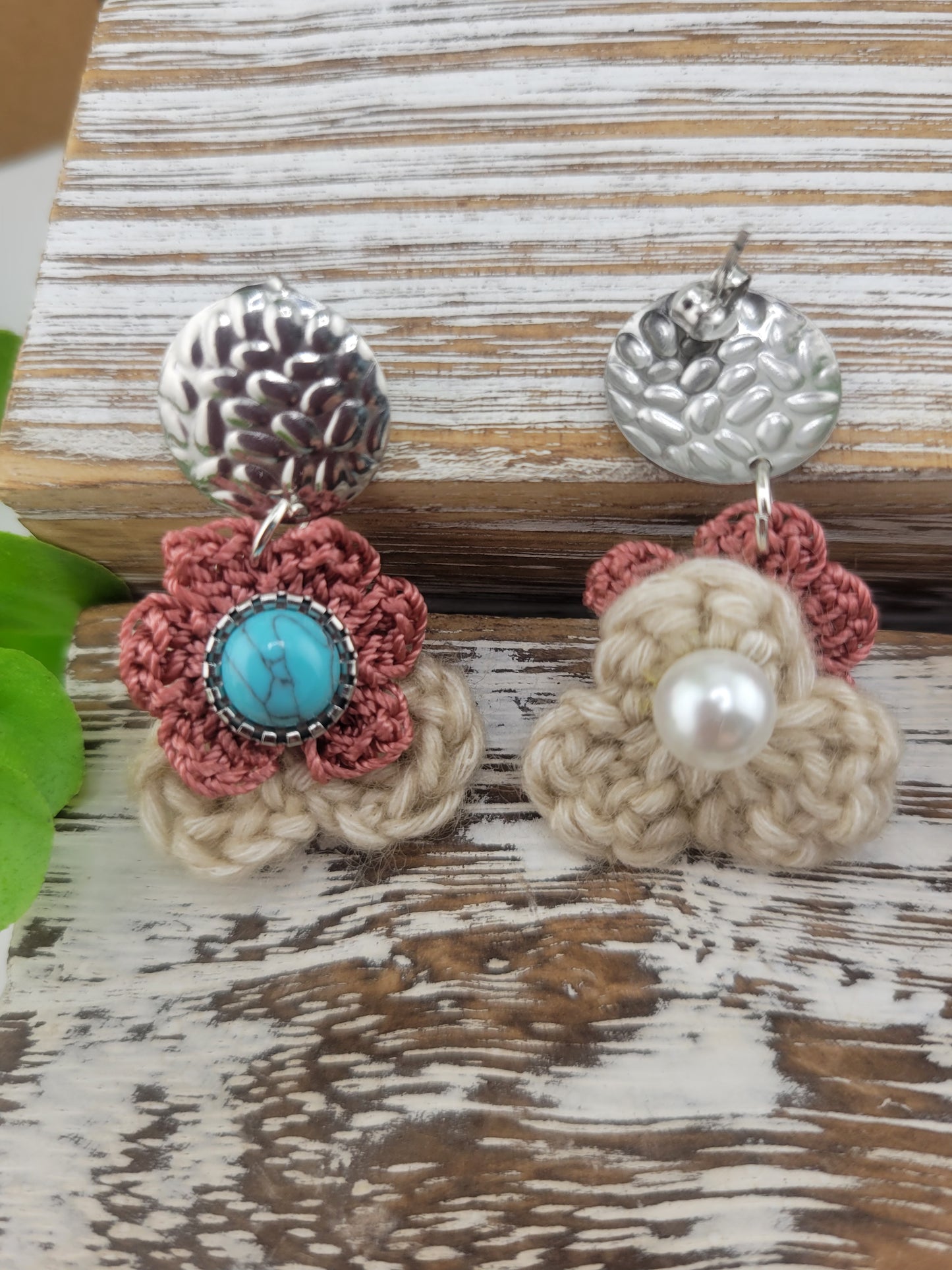 Handmade Bohemian-style Crochet Flower Earrings with a mixed colored stone center, attached to hammered Stainless steel metal earring top