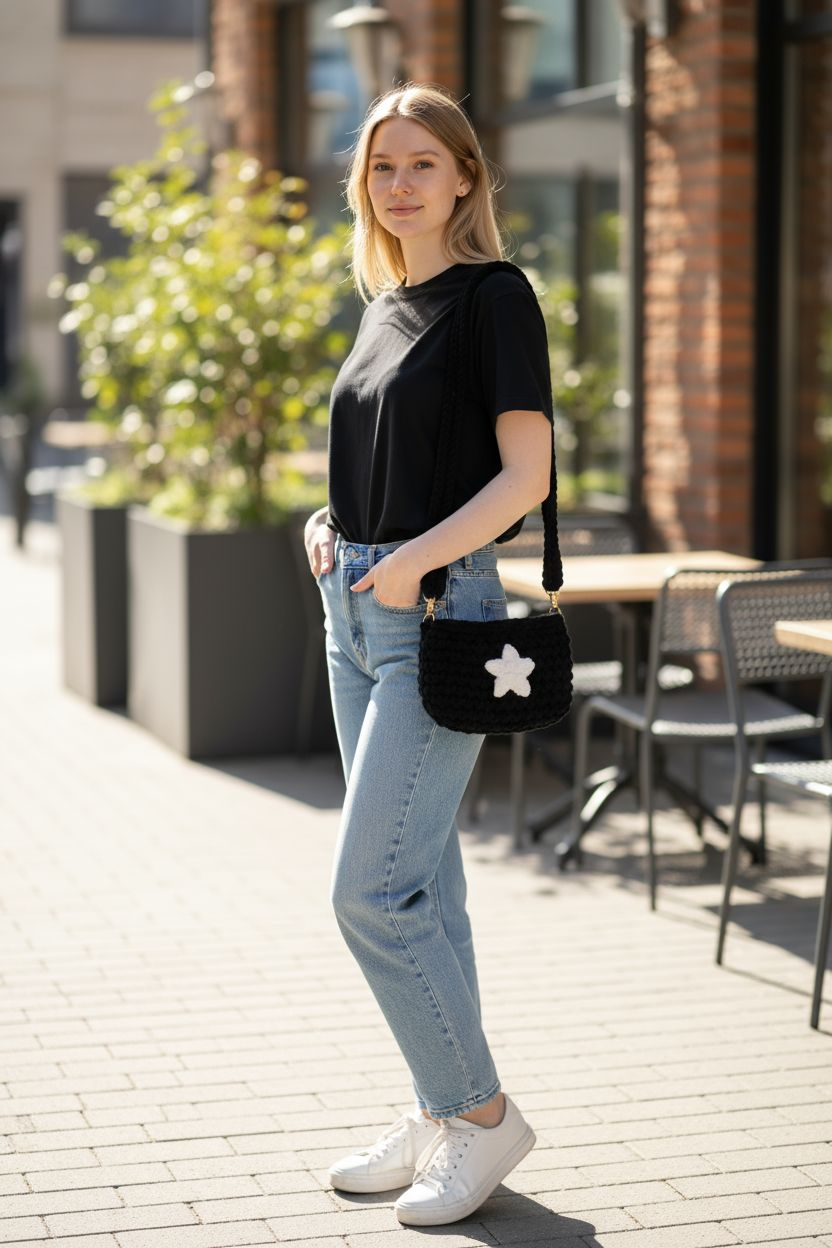 Crochet Purse, Shoulder bag, Adjustable Strap 29"-60"(73-150cm), Detachable Strap, Length 8"(20cm) Width 5.5"(15cm), Star design, tassel with wooden bead