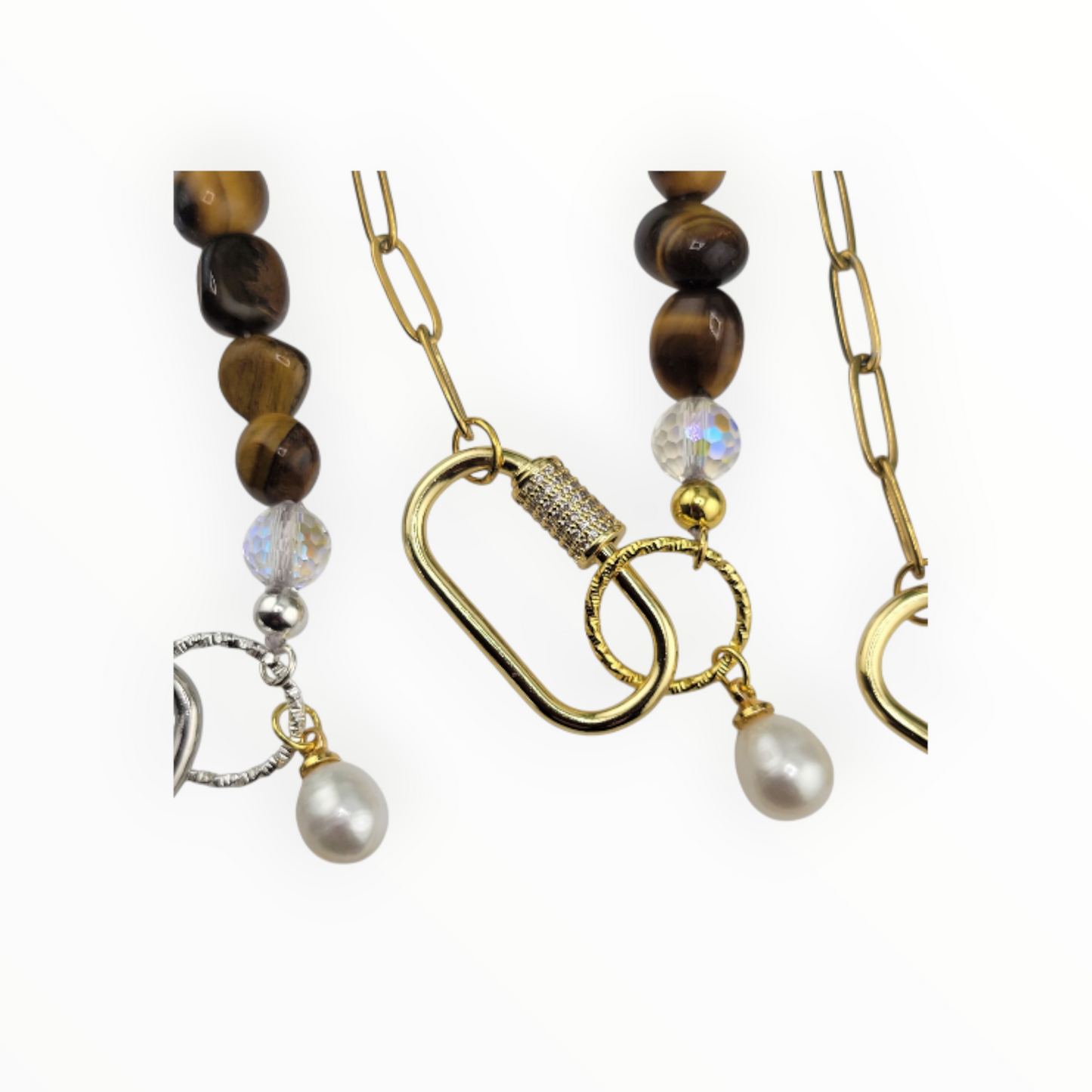 Half 18k Gold Plated Brass or Stainless Steel Silver Paperclip Chain Half Gemstone Necklace with Carabiner Clasp including two 18k gold plated brass Charms of your choice