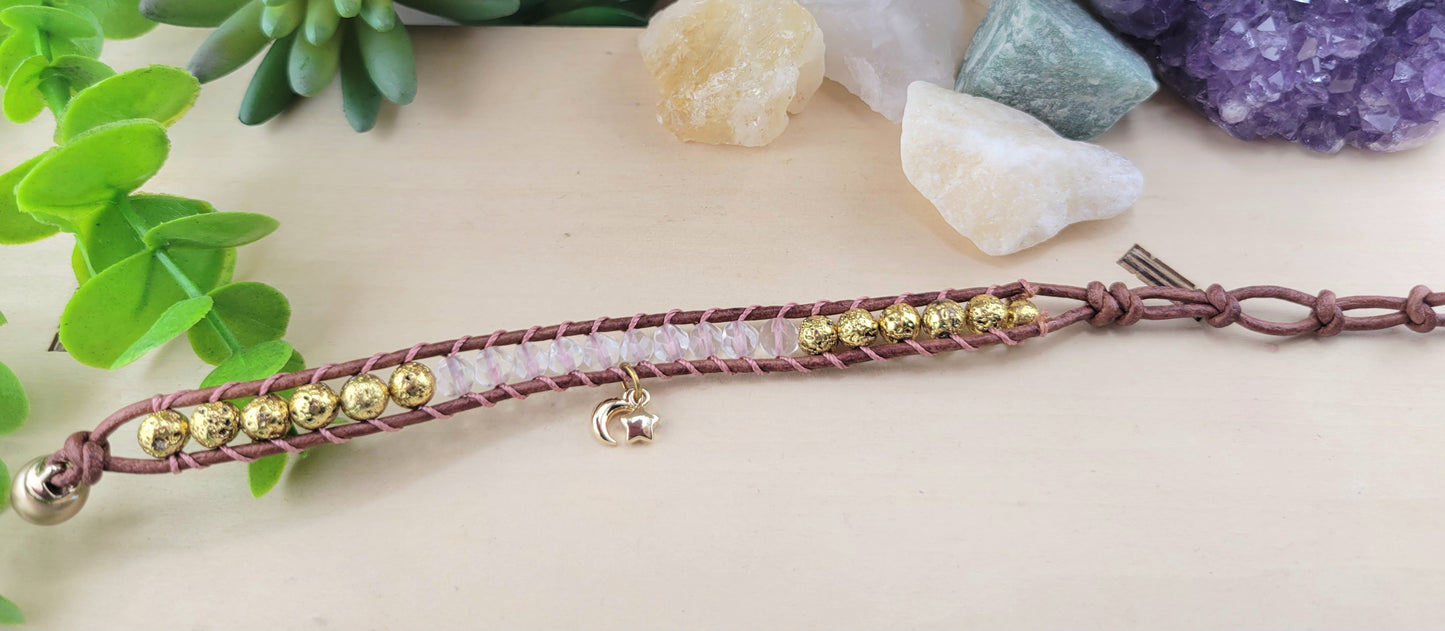 Gemstone Wrap Bracelet, handmade, Semi-Precious Stone Beads & Genuine Leather, 18k gold plated charm/ Chic Jewelry, Adjustable,  Gift for Him & Her