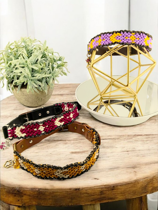 Designer Dog Collar, Unique Woven Dog Collar with Eco Leather, Cellestial design,  Adjustable Medium 14"-16"(35.5-40.5cm) neck size, Wide variety of colors