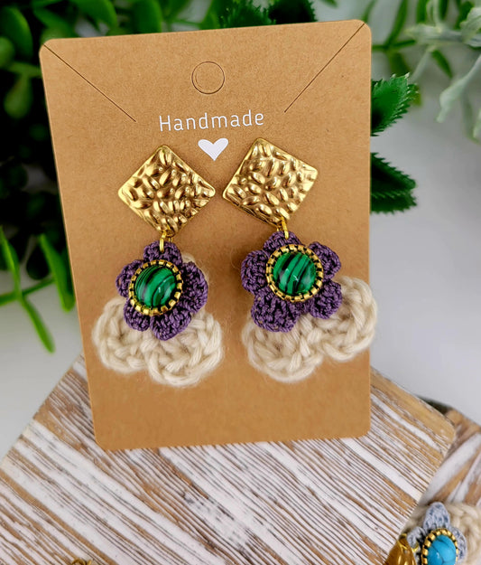 Handmade Bohemian-style Crochet Flower Earrings with a mixed colored stone center, attached to hammered 18k gold plated metal earring top