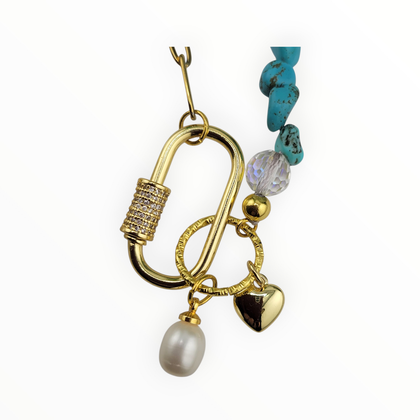 Half 18k Gold Plated Brass or Stainless Steel Silver Paperclip Chain Half Gemstone Necklace with Carabiner Clasp including two 18k gold plated brass Charms of your choice