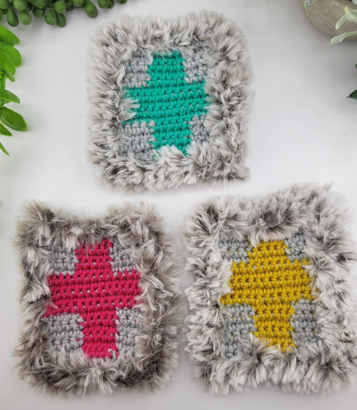 Fluffy Crochet Square Coaster, Set of Three