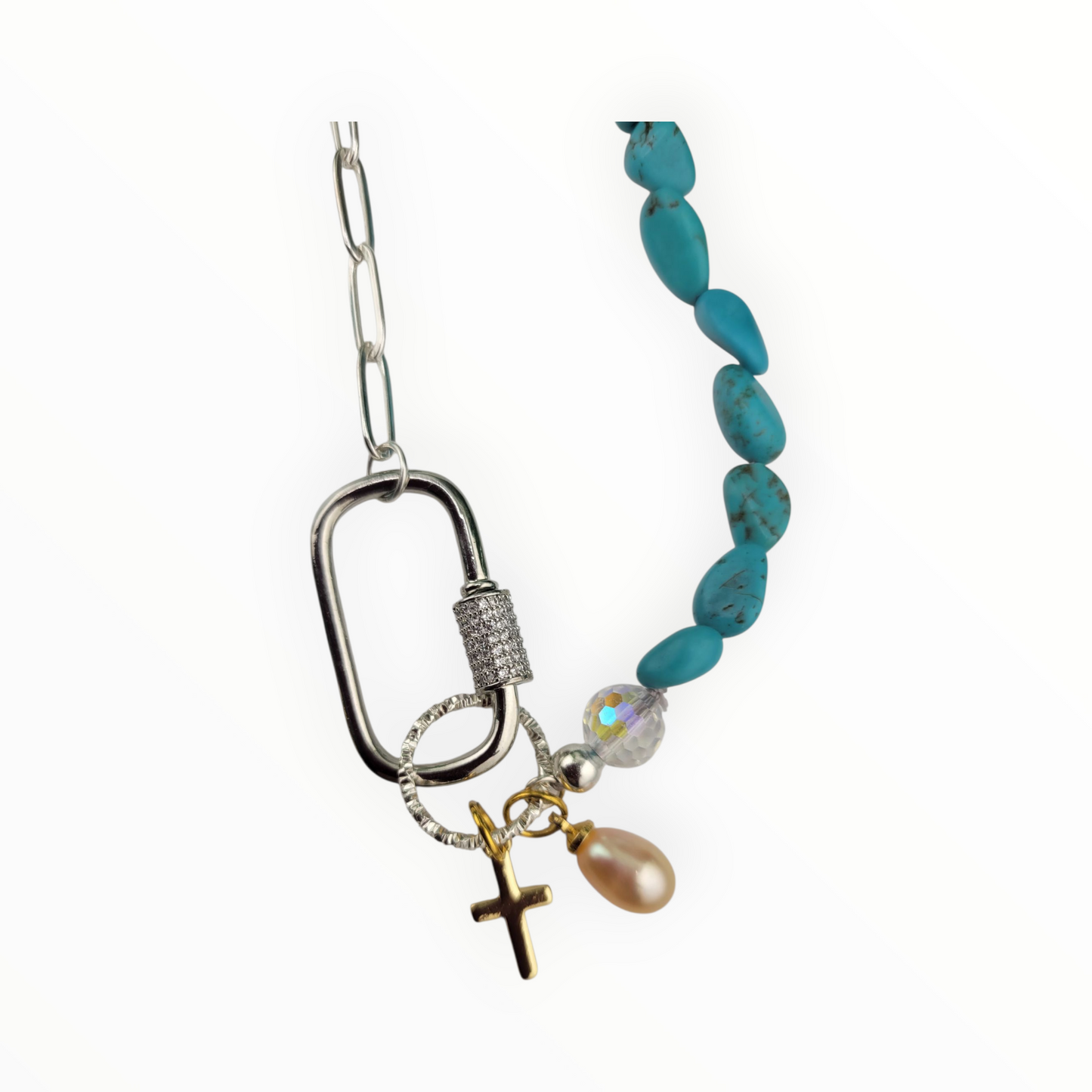 Half 18k Gold Plated Brass or Stainless Steel Silver Paperclip Chain Half Gemstone Necklace with Carabiner Clasp including two 18k gold plated brass Charms of your choice