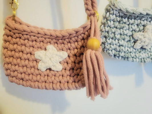 Crochet Purse, Shoulder bag, Adjustable Strap 29"-60"(73-150cm), Detachable Strap, Length 8"(20cm) Width 5.5"(15cm), Star design, tassel with wooden bead