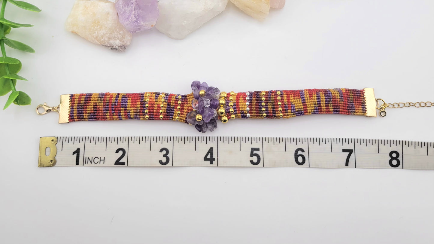 Multicolored beaded woven bracelet with genuine gemstones and 18k gold plated metal beads and clasps, Adjustable Chain. The length 7.5"-9".
