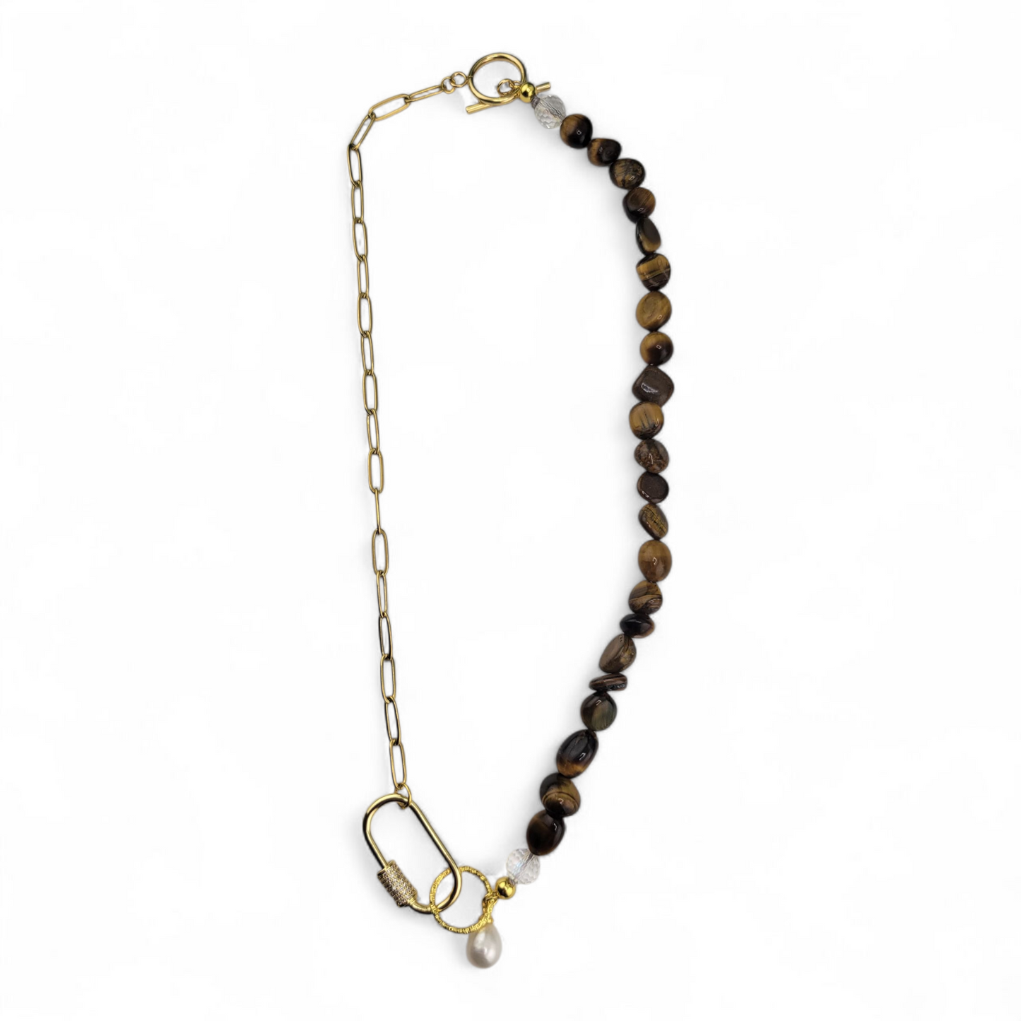 Half 18k Gold Plated Brass or Stainless Steel Silver Paperclip Chain Half Gemstone Necklace with Carabiner Clasp including two 18k gold plated brass Charms of your choice